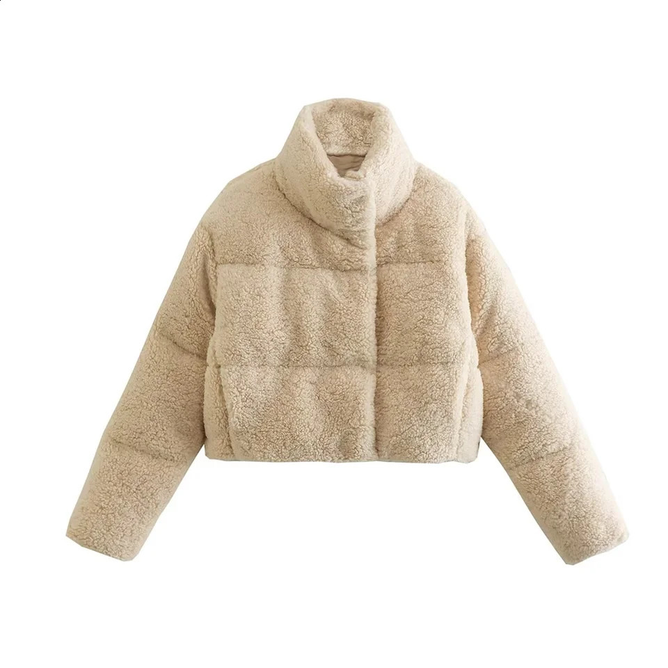 PB ZA 2023 Autumn and Winter Womens Lamb Wool Short Cotton Coat Standing Collar Thickened Warm Bread 241203