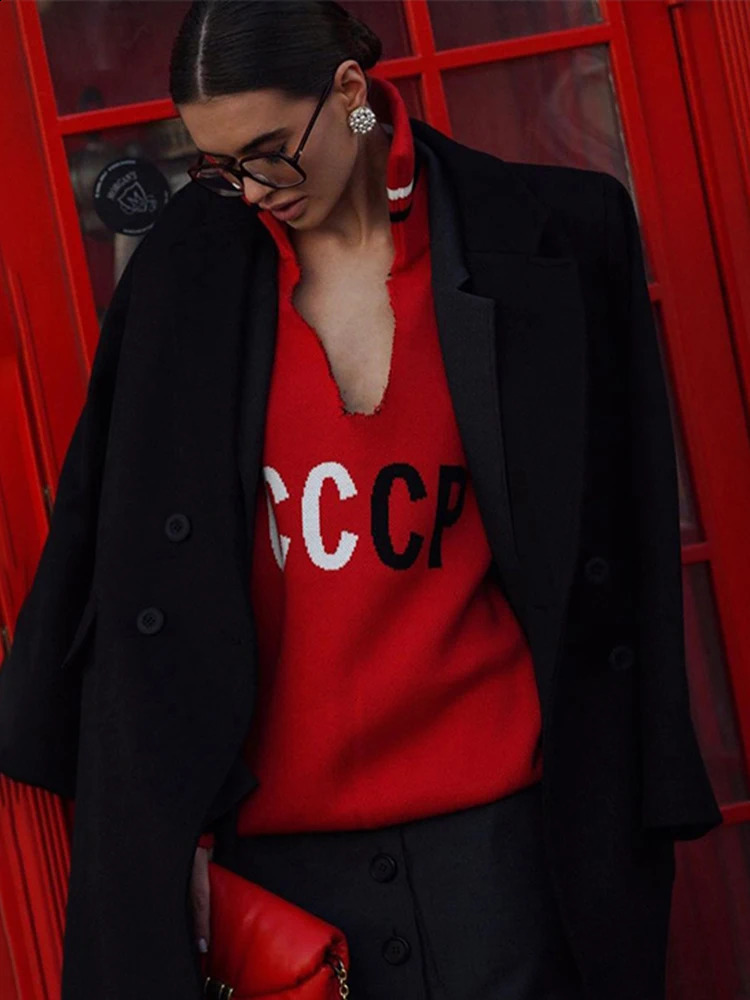 Knitted Vneck Womens Sweater Letter Striped turtleneck Pullover Casual Loose Long Sleeve Hoodies Street Vintage Women Sweaters 241203