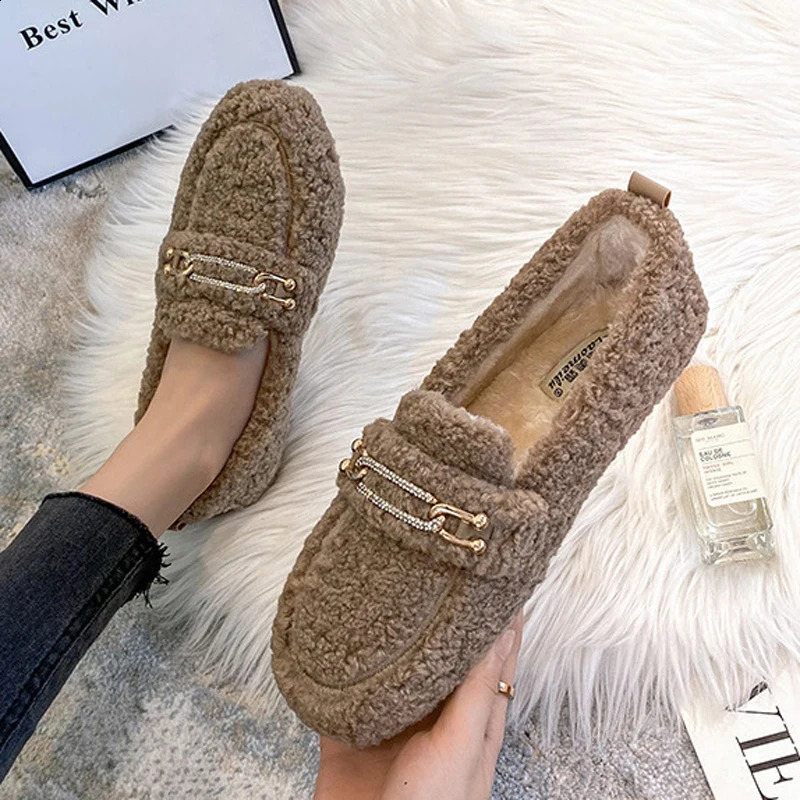 Sheep Fur Lined Loafers Women Lambswool Shoes Ladies Winter Slip On Furry Flats Cotton Wool Mocasine Femme Barefoot Boots 241211