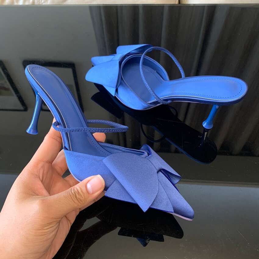 Fashion Bow knot High Heels Sandals Women 2024 Summer Sgback Pumps Vintage Satin Pointed Toe Heeled Elegant Party Lady Shoes