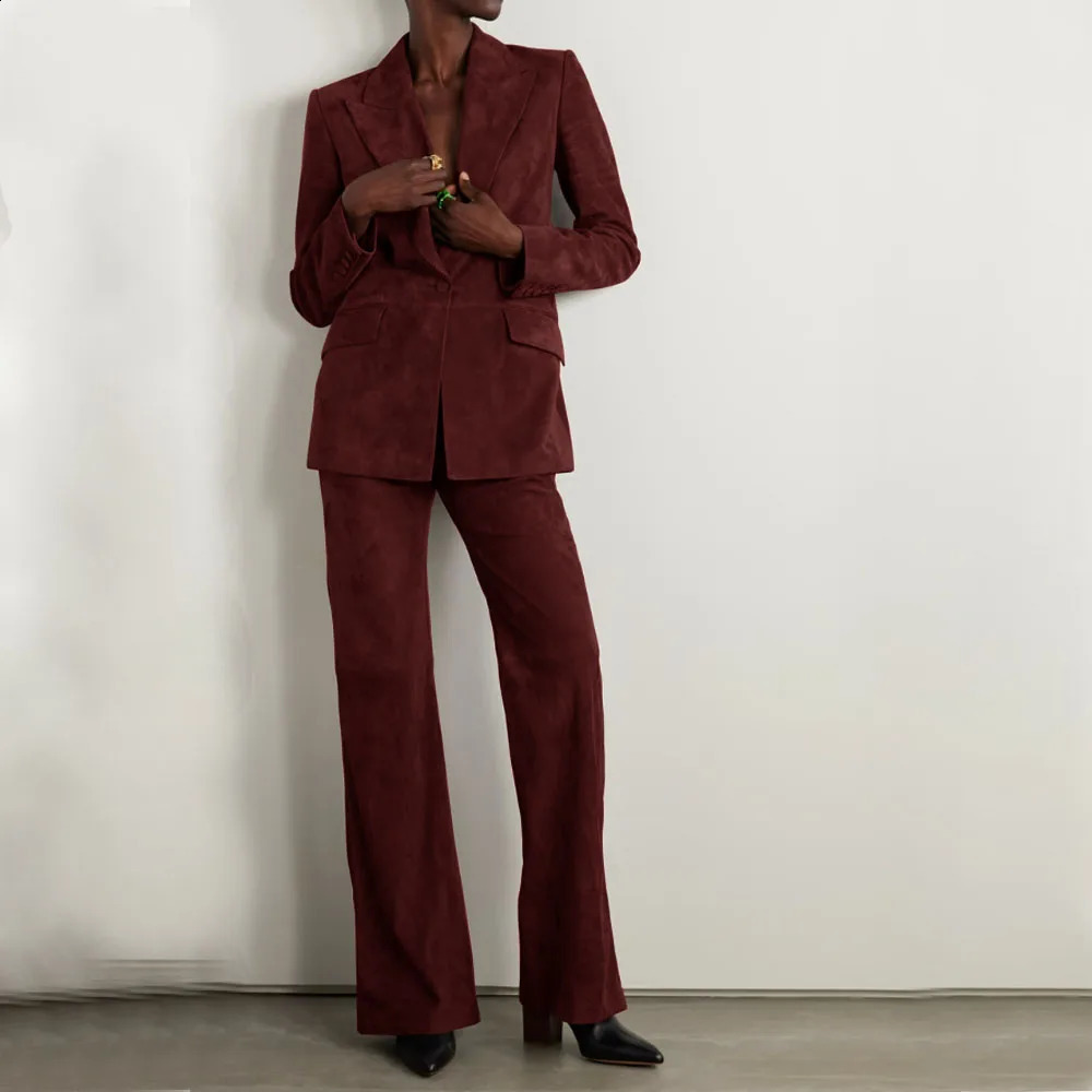Womens Suede Suit Elegant Womens Sets Set Woman 2 Pieces 1 Button Jacket Pants Office Outfits Blazer Suits Clothing 241203
