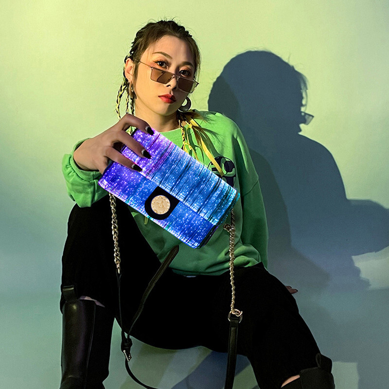 Colorful Luminous Square Bags For Women LED Light New Fashion Shoulder Optical Fiber Fabric Crossbody Bag PU BagVoyage