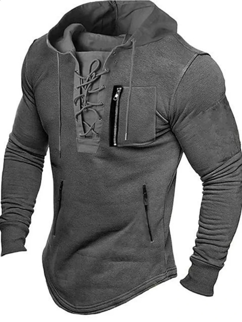 Autumn Mens Spring Lace Top Brushed Solid Color Long Sleeve Zipper Pocket Pullover Streetwear Mens Medium Length Hoodie 241203