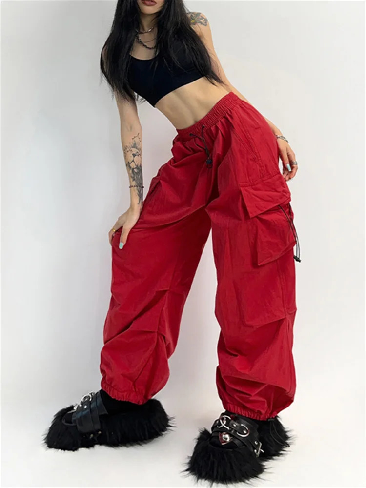 Deeptown Cyber Y2K Red Parachute Pants Womens K-pop Street Clothing Grey Cargo Voyeur Overweight Egirl Punk Black Wide Legs Pantalones Z260314