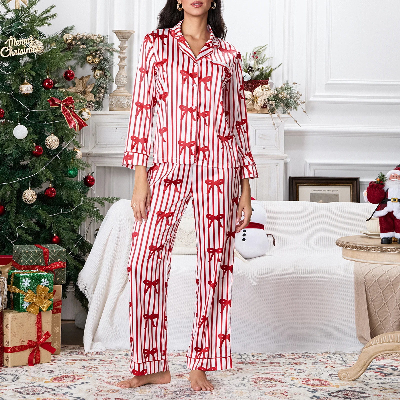 Hirigin Womens 2-piece Christmas Pajama Set Long Sleeve Striped Printed Button TopPants Set Casual Wear 241203