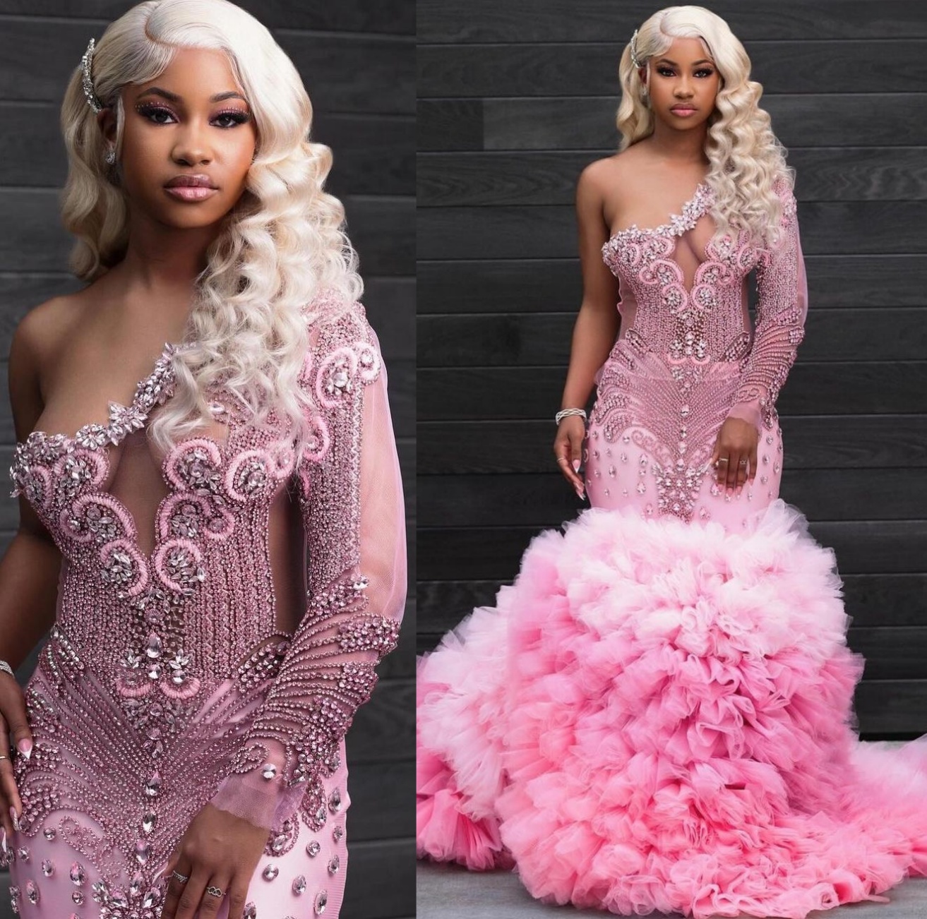 Pink Mermaid Prom Dresses 2024 Rhinestones One Shoulder Tiers Tulle Evening Formal Party Second Birthday Engagement Gowns Plus Size Dress For Special 