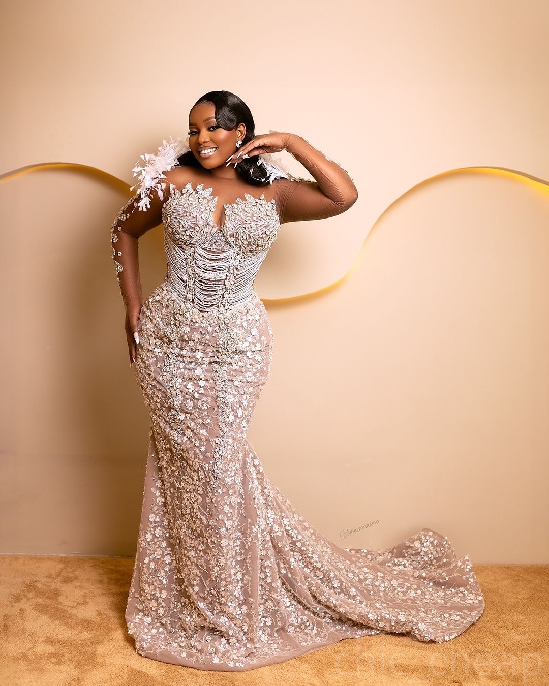 2025 Arabic Aso Ebi Plus Size Illusion Ivory Mermaid Wedding Dresses Floral Lace Rhinestones Feather Full Sleeves Bridal Gowns Dress For Bride