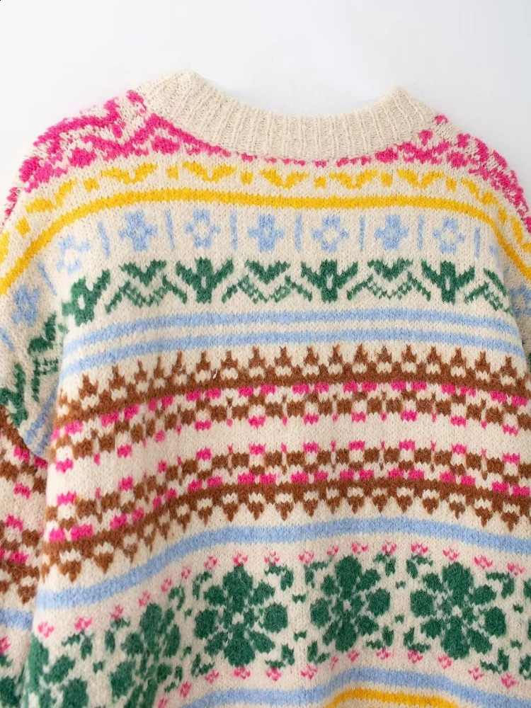 Women Oversize Jacquard Knit Sweater Oneck Long Sleeves Multicolor Elastic Hem Christmas Pullover Fall Winter Chic 241203