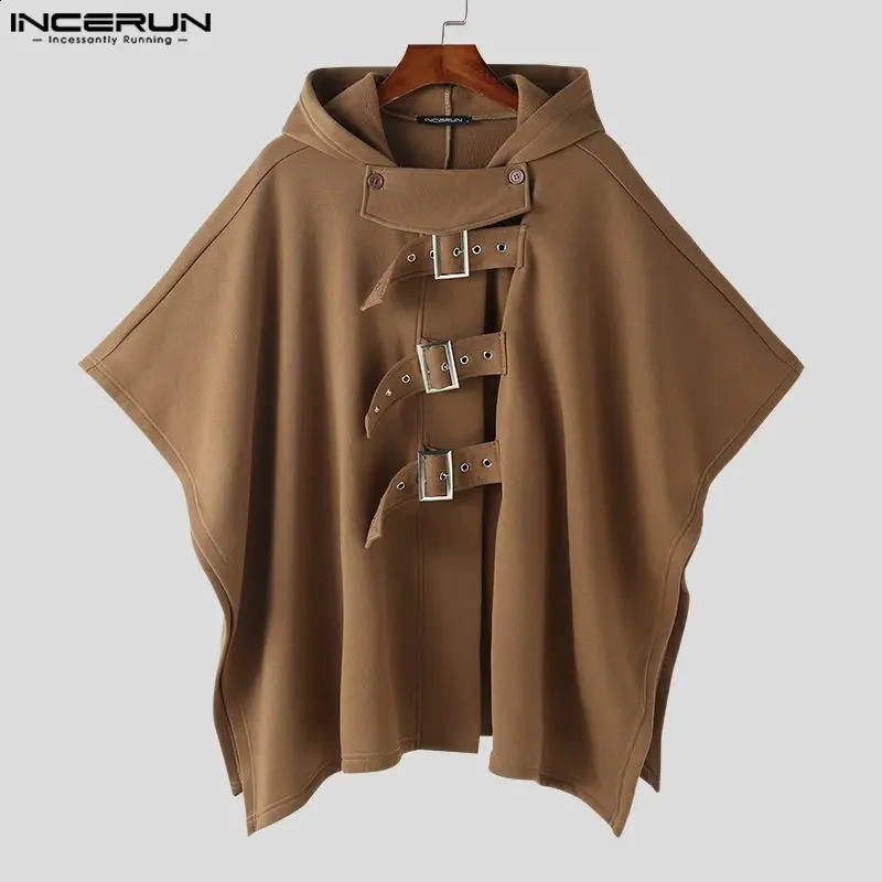 Mens Cloak Coat Solid Color Hooded Button Irregular Trench Raincoat Street Loose Fashion Casual Mens Cape Town S-5XL INCERUN 241203