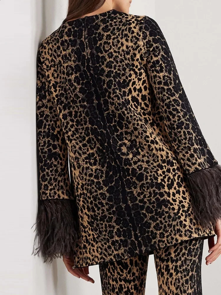 Missoo Autumn Leopard Feather Set Round Neck Long Sleeve Top High Waist Straight Pants Elegant Pants Set 241203
