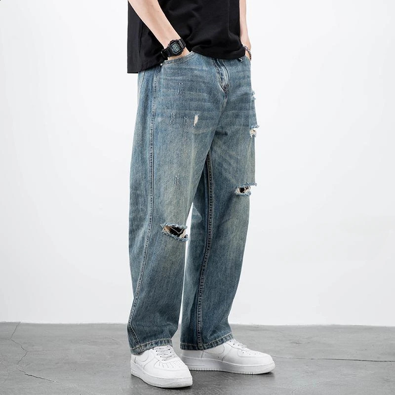 Mens jeans with broken straight Trojan horse holes loose and torn wide legs mens jeans pockets South Korean autumn Xs 241203