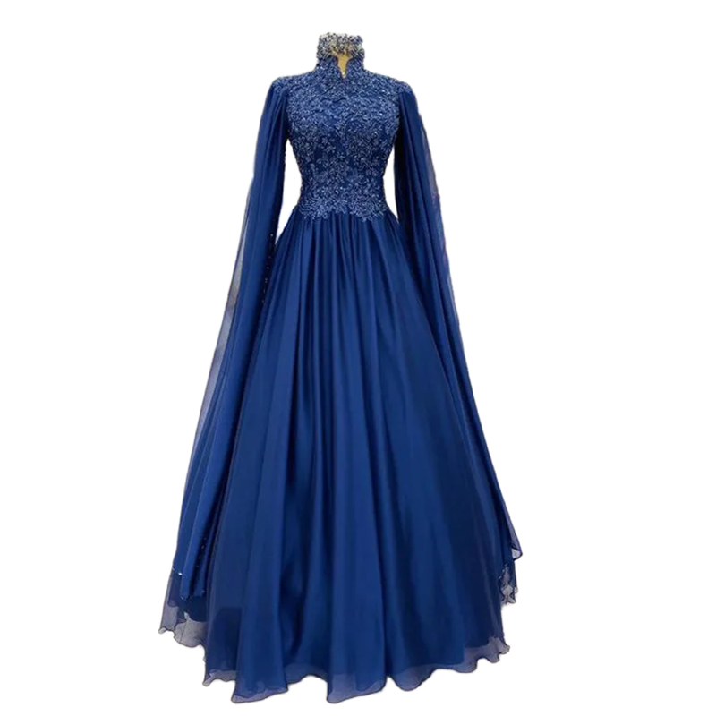 2025 Elegant Muslim Evening Dresses Dark Navy High Neck Long Sleeves Floor Length A Line Prom Dress With Lace Appliques Beaded Arabic Formal Dress For
