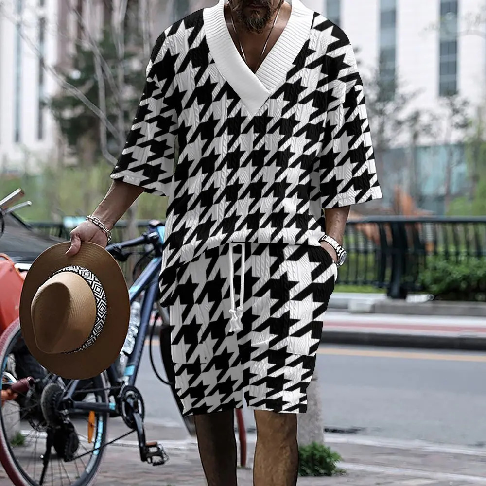 High Quality Knitted Mens Set Summer V-neck Half Sleeve T-shirt and Shorts Two Casual Striped 3D Mens Clothing 241203