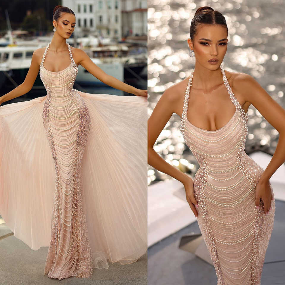 Mermaid Evening Dresses For Wome Halter Sleeveless Gown Sequins Beaded Detachable Train Customized Dress Party Prom