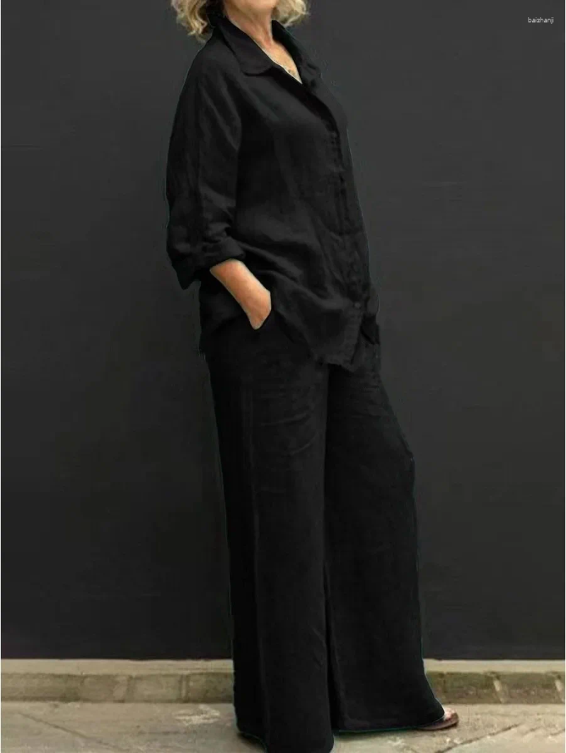 Womens Two Piece Pants 2pcs Women Clothes Set Solid Color Cotton Linen Loose Long Sleeve Shirt W