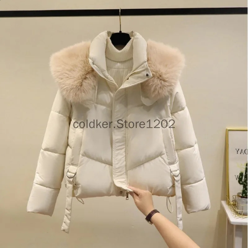 2024 Korean Fashion Fur Collar Winter Women White Jacket Ladies Vintage Short Warm Puffer Coat Female Parka Outerwear 241203