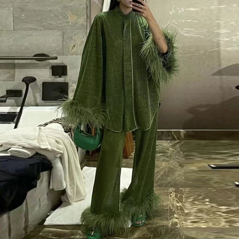 Show Style two-piece womens fashionable stand up collar long sleeved shirt top and pants set temperature feather party set 241203