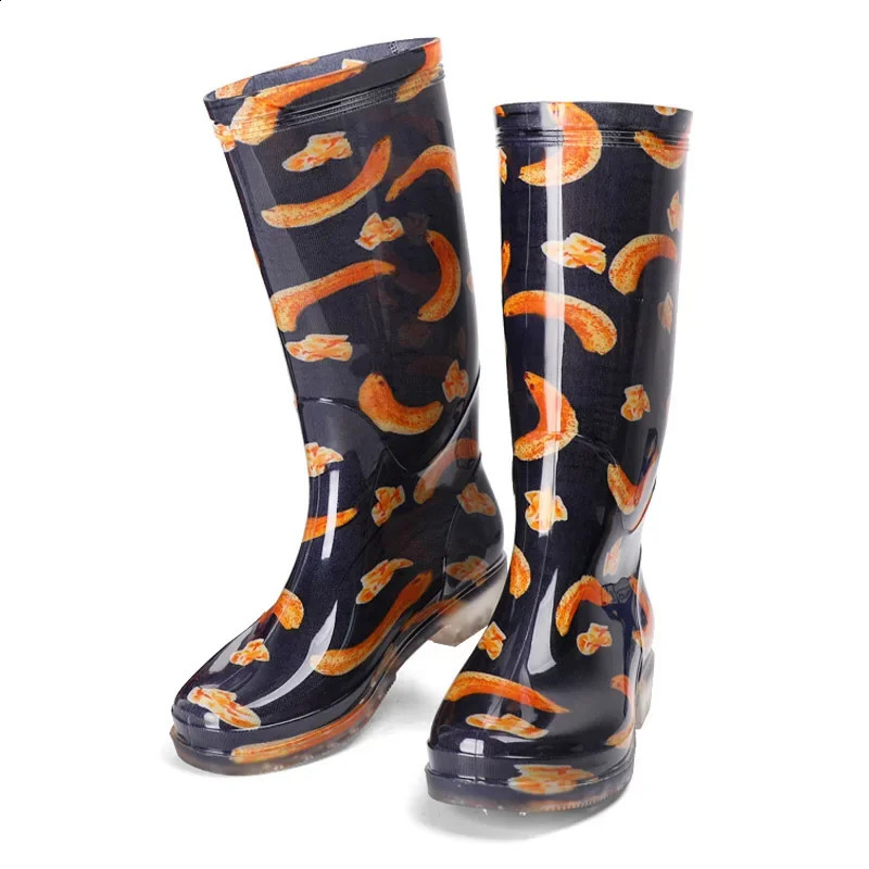 Comemore Rainboots Women High Long Boots Non-slip Waterproof Shoes Rain Boots Fashion Print Womens Mid Calf Galoshes 241204