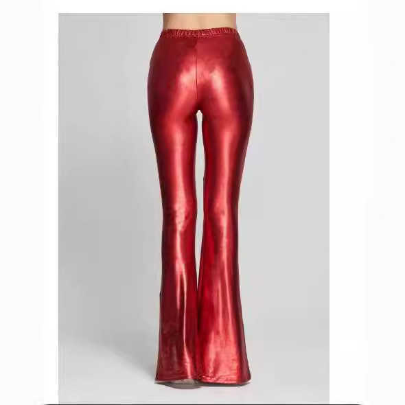 Women Pants Sexy Stage Women's Bright Imitation Leather Fashion Elastic Waist Flared Pants Nightclub Wide Leg Pants Casual Wide Leg Pants 241125