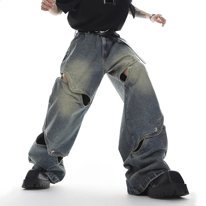 NOYMEI mens Y2K jeans street decal loose mens hollow fashionable retro metal buttons straight jeans wide leg WA1321 241203