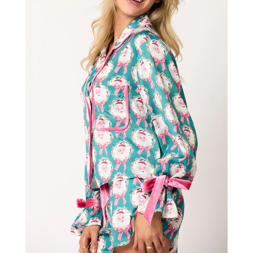 Heshuoyun Womens Christmas Pajama Set Santa Claus/Tree Pattern Collar Button Long Sleeve TopShorts 2-piece Casual Clothing Set 241203