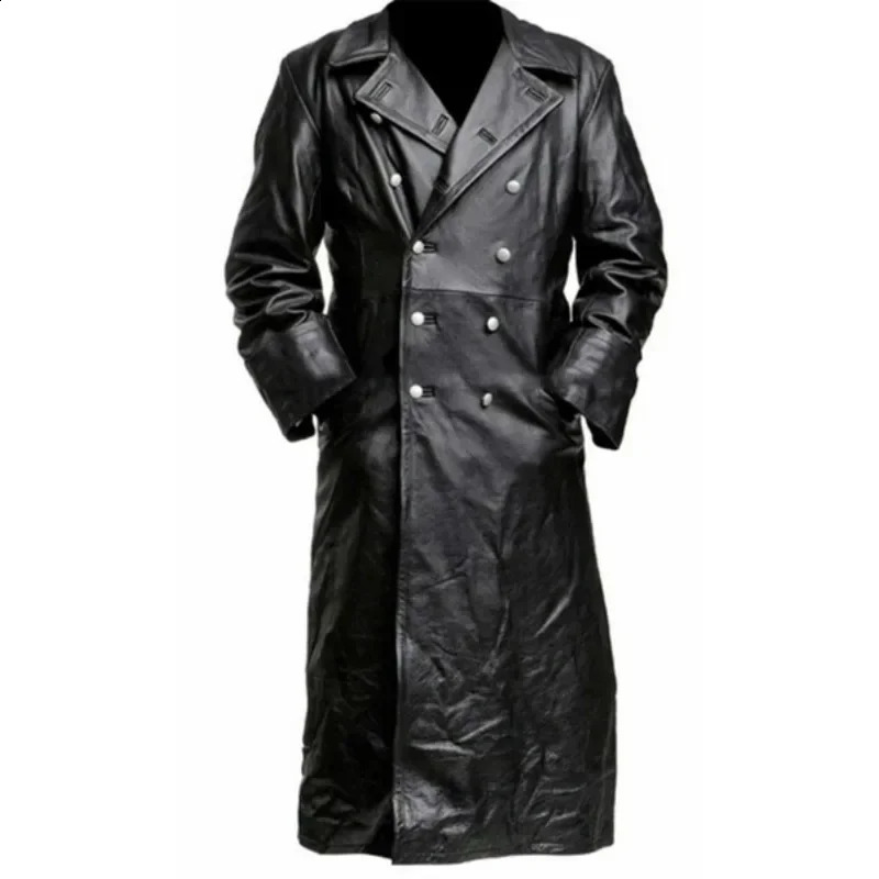 Black leather raincoat officer military classic German mens jacket mens long jacket 241203