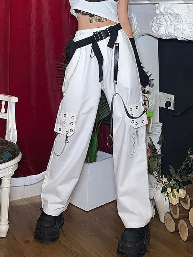 QWEEK Harajuku Gothic Black Cargo Pants Womens Y2K Hippie Chain Plus Size White Mens Extra Large Street Clothing Hip Hop Sports Pants 241203