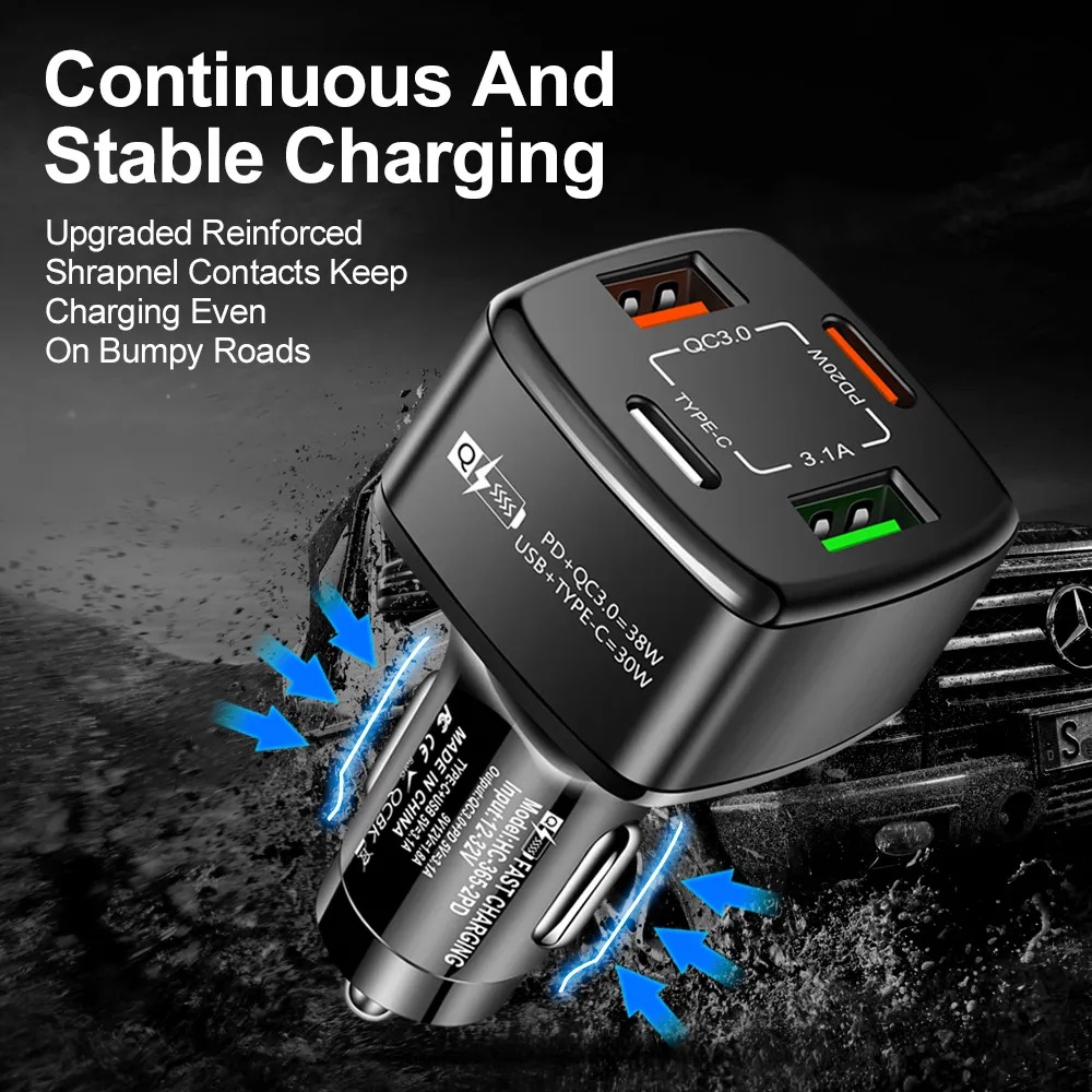 Dual USB Car Charger Quick Charge 3.0 Auto Charger 4 Ports 2USB Type-C PD 38W Car Charger Fast Charging Adapter for Phone