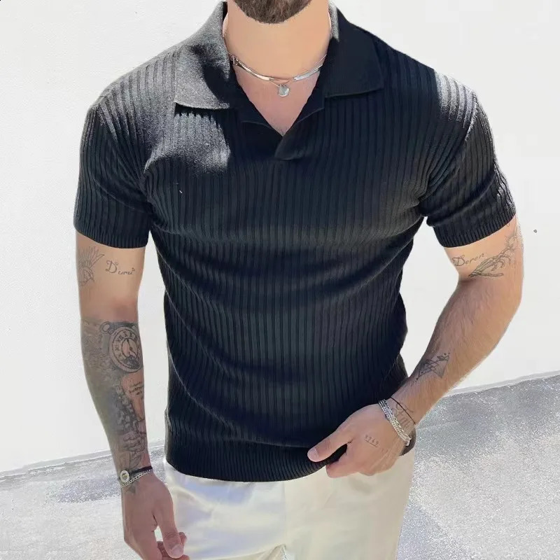 summer fashion knitted striped solid color short sleeved mens polo shirt casual retro collar T-shirt mens top 241203