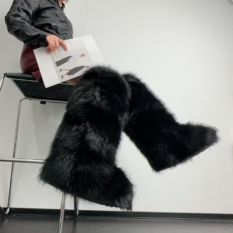 24 new high boots knee-length snow boots warm fox hair boots imitation raccoon hair boots