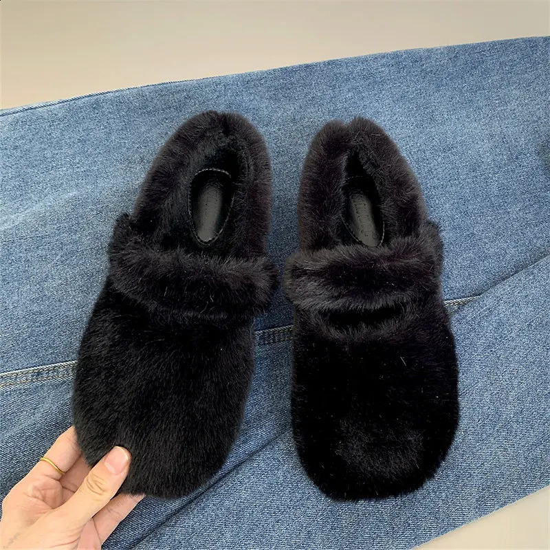 Fluffy Cotton Mary Jane shoes Womens 2024 Winter Grandma Shoes Female Soft Shallow Mouth Flats Round Toe warm Fur Loafers 241204