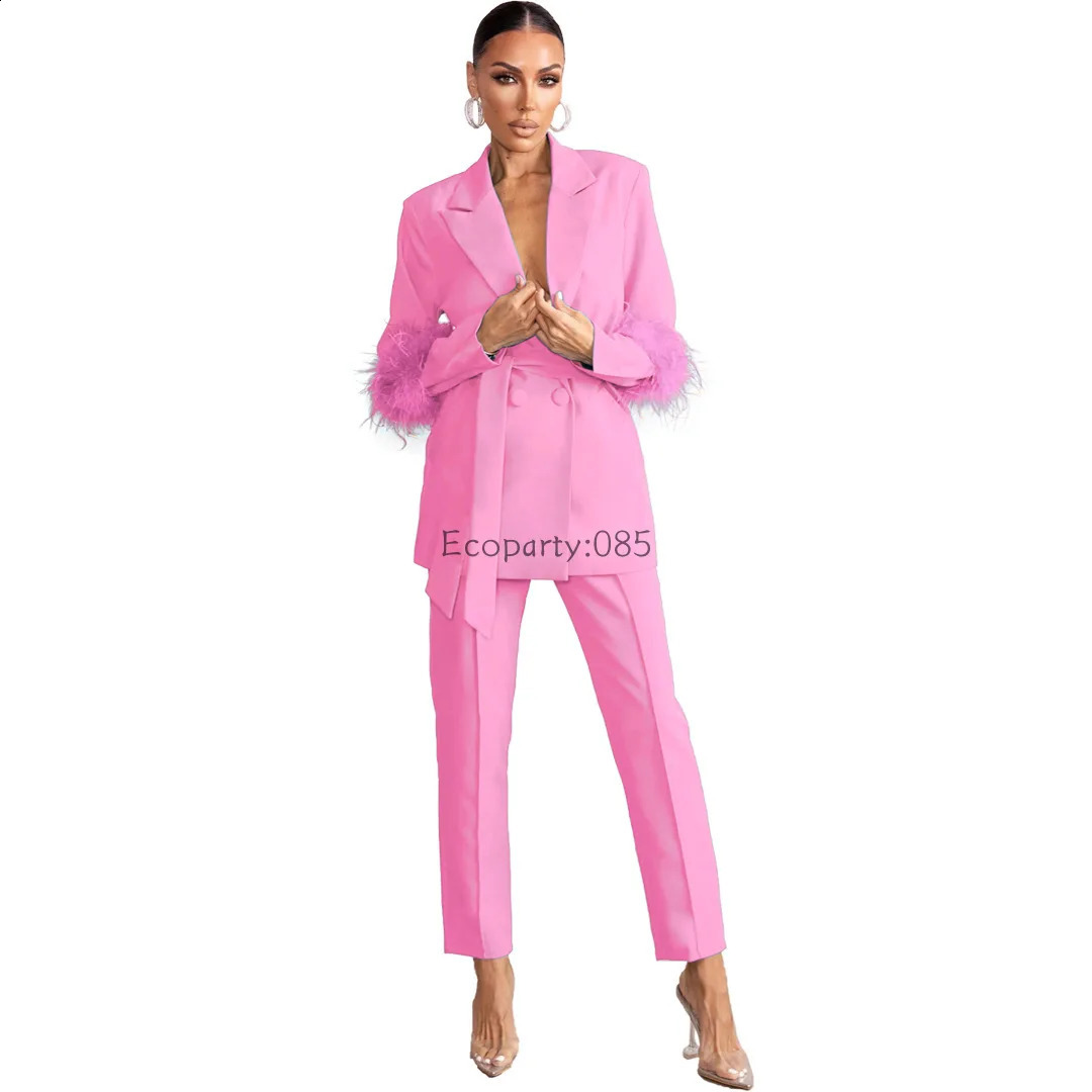 Elegant Womens 2-piece Solid Notched Collar Jacket Zipper Pants Feather Upright Coat Womens Set Autumn/Winter Office Clothes 241203