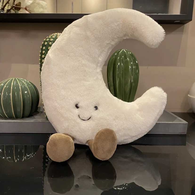 Able Smile Face White Moon Yellow Sun Plushie Stuffed Cute Weather Plush Toy for Kid Bedroom Decor Sofa Throw PillowXJ241204