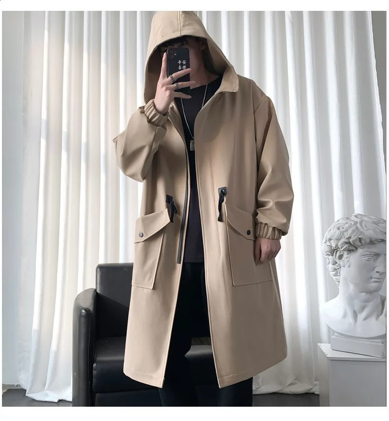 Trench Hooded Long Sleeve Zipper Jacket with Solid Button Splicing Loose Pocket Suitable for High Street and Light Street Fall 241203