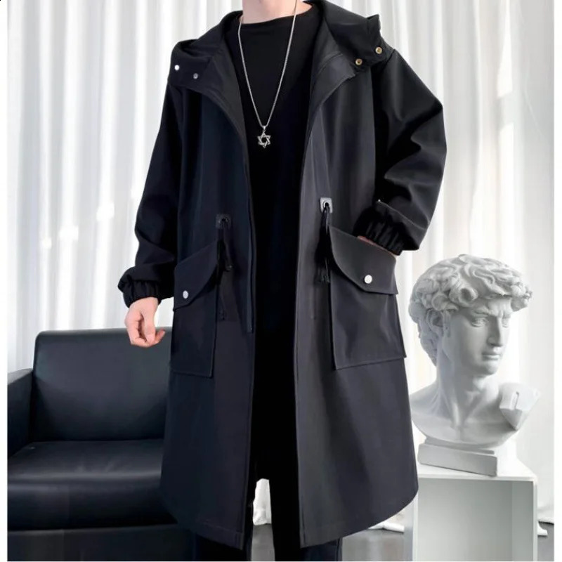 Trench Hooded Long Sleeve Zipper Jacket with Solid Button Splicing Loose Pocket Suitable for High Street and Light Street Fall 241203