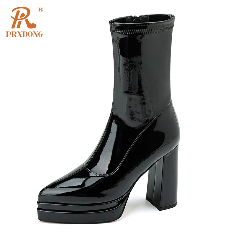 PRXDONG Women's Stretch New 2023 Autumn Winter Warm Ankle Boots Square High Heels Platform Black Wine Red Dress Work Shoes