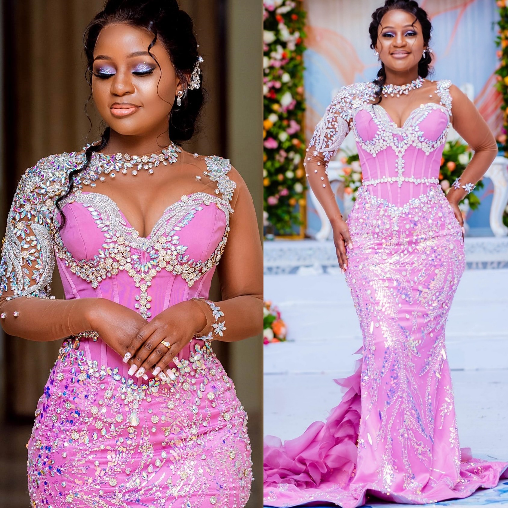 Pink Mermaid Prom Dresses 2024 Rhinestones Sequined Lace Full Sleeves Evening Formal Party Second Birthday Engagement Gowns Plus Size Dress For Specia