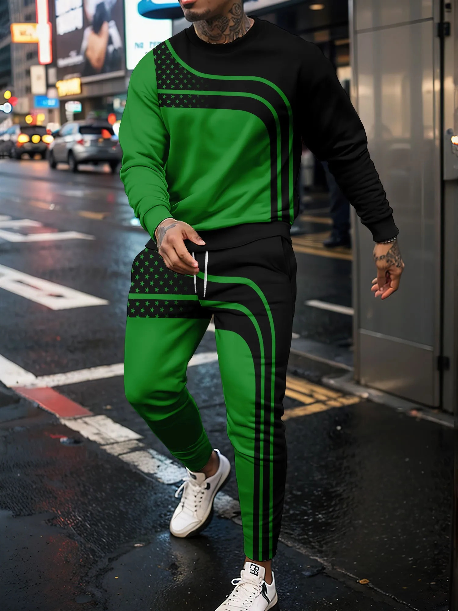 Sports Shirt Set 3D Printed Line Splicing Black Yellow Green White Pulloversports Sports Shirts 241203