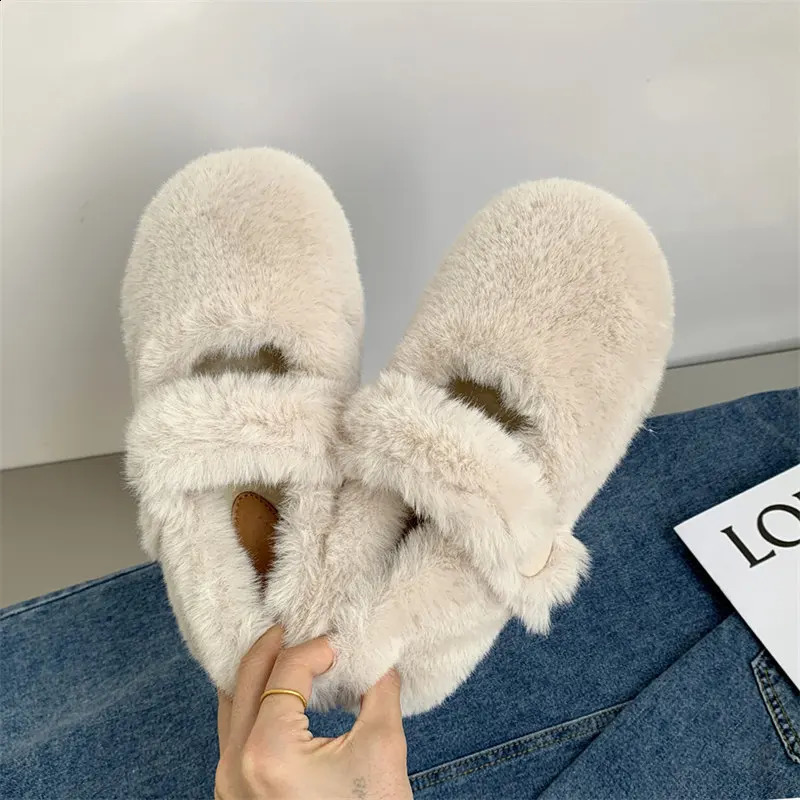 Fluffy Cotton Mary Jane shoes Womens 2024 Winter Grandma Shoes Female Soft Shallow Mouth Flats Round Toe warm Fur Loafers 241204