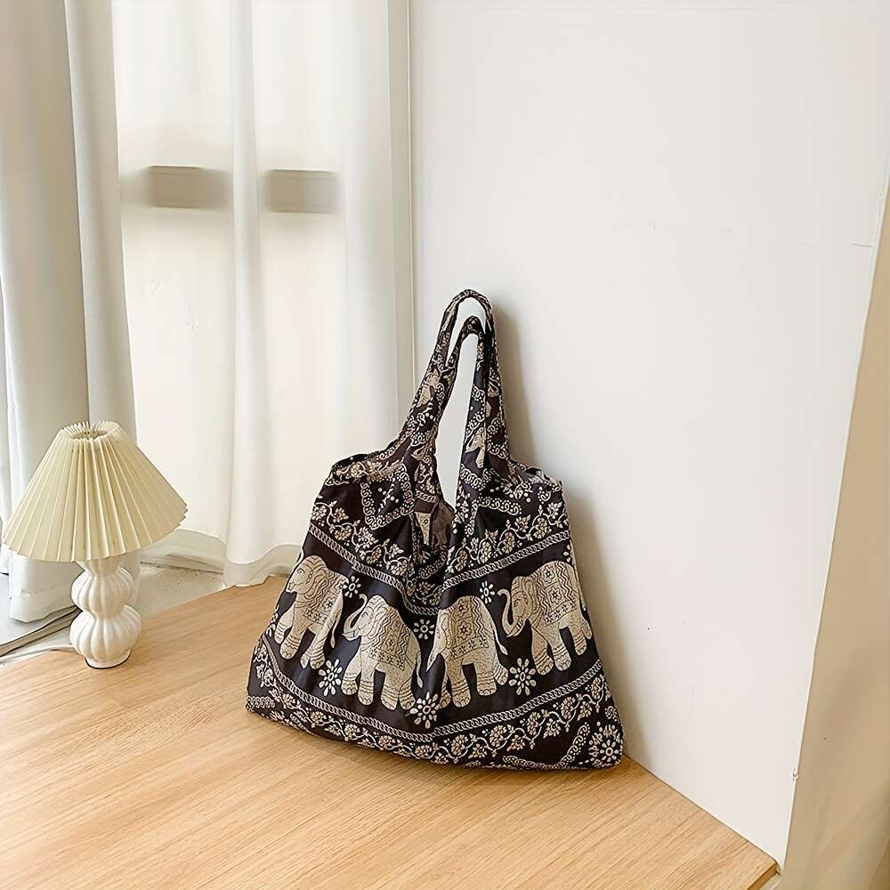 Elephant pattern shopping foldable shoulder bag, women's large capacity tote bag