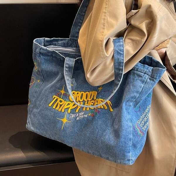 Lazy Style Large Capacity Canvas Women's Washed Denim Cloth Tote Bag For Students Commuting To School Backpack
