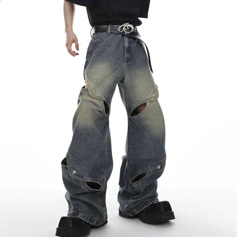 NOYMEI mens Y2K jeans street decal loose mens hollow fashionable retro metal buttons straight jeans wide leg WA1321 241203