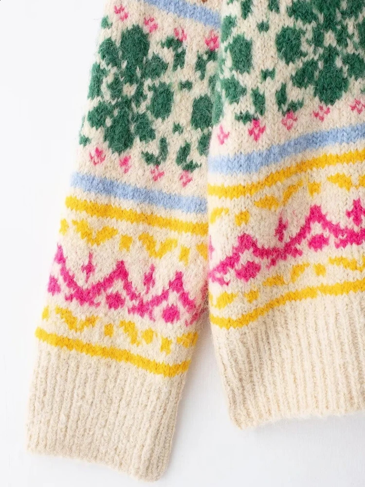 Women Oversize Jacquard Knit Sweater Oneck Long Sleeves Multicolor Elastic Hem Christmas Pullover Fall Winter Chic 241203