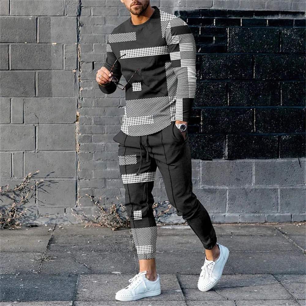 Mens T-shirt pants track suit 2-piece set printed sports shirt sports pants set casual T-shirt Trouser sports shirt mens clothing 241203