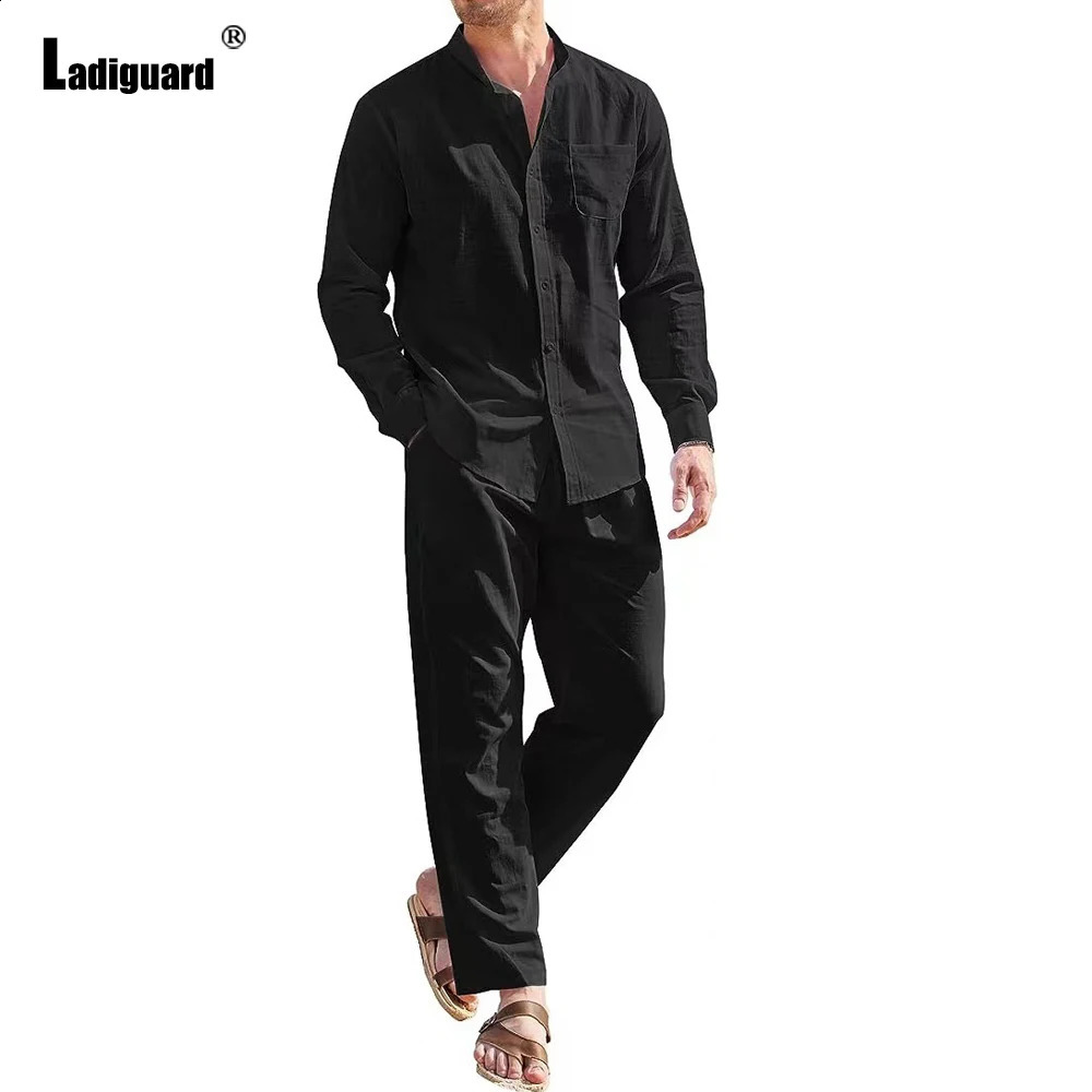 Ladiguard Plus size mens casual linen two-piece set European style basic top and white pants set mens beach track suit set 241203