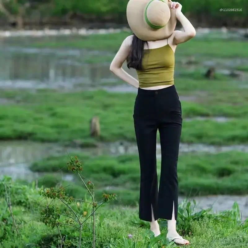 Women's Pants Spring Summer Cropped High-waisted Slimming Straight-leg Casual Side Slit Petite Style Versatile