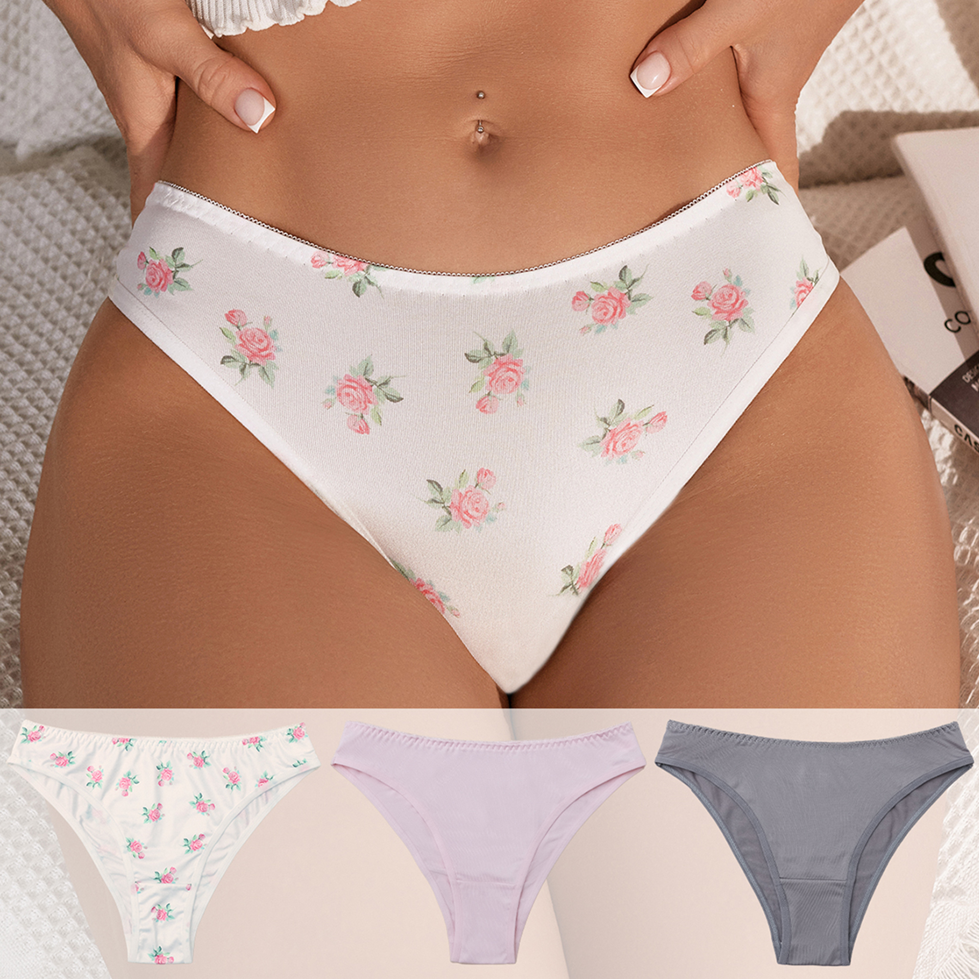 3 Pack Women Cute Floral Print Underwear, Cheeky Breathable Ladies Panties, No Show Comfortable Briefs Undies for Women