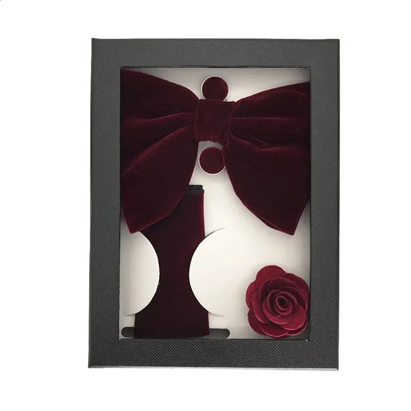 Velvet Bow Four Piece Set Includes Bow Square Scarf Brooch Sleeve Nails for Groom Wedding Business Banquet Gift Box241204
