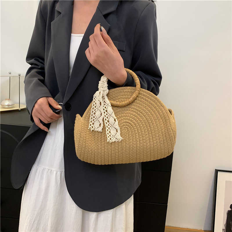 Summer small grass woven bag women's new tidal cotton woven bag beach bag large capacity one shoulder basket bag