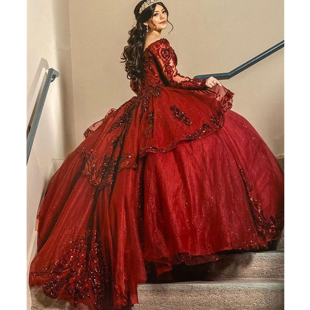 Red Floral Crystal Sequined Quinceanera Dresses Sweetheart 3D Flowers Appliques Ruffles Ball Gown Corset Sweet 15 Vestidos De Anos